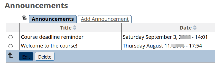 Example of announcements in the Talance LMS